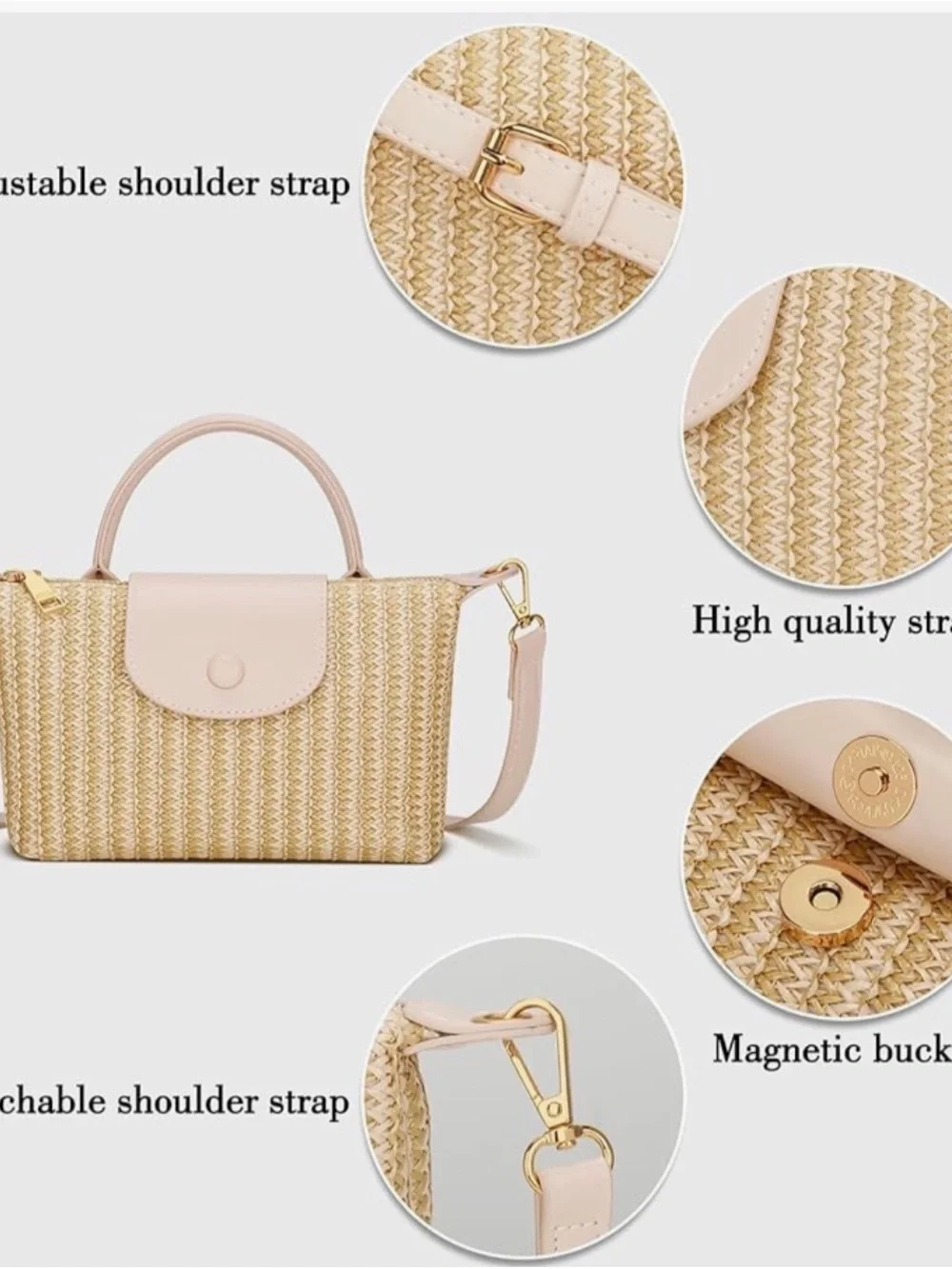Straw Weave Top-Handle Bag in Blush Cream